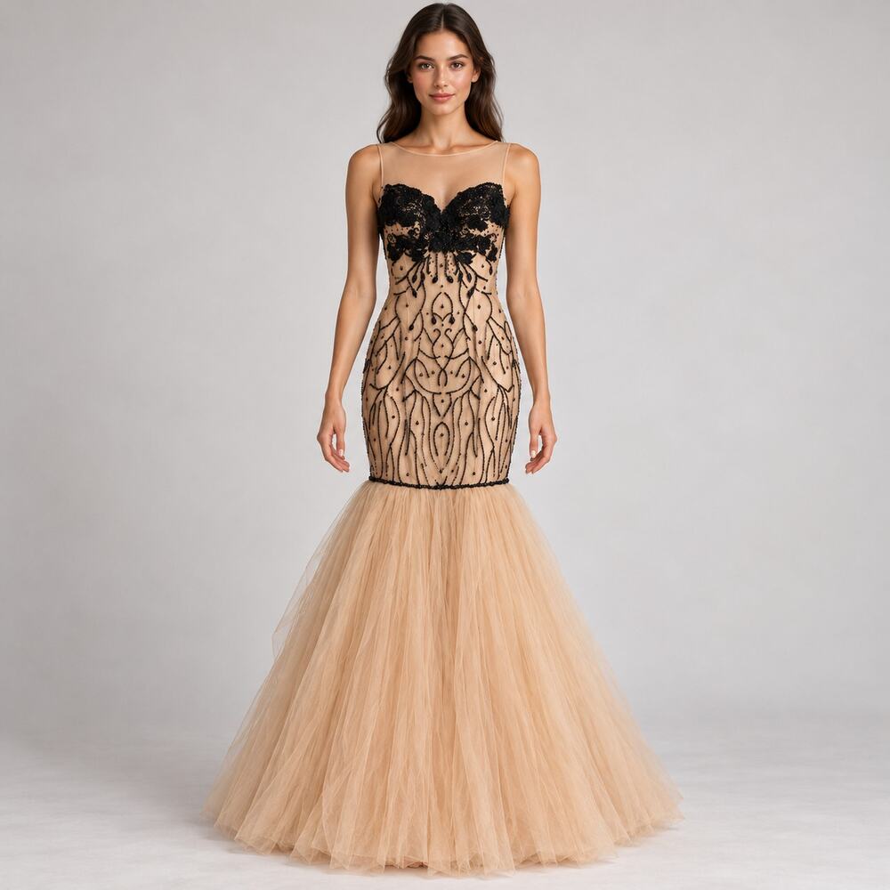 Tarik Ediz Gown 2 XS Nude Black Florida 92390 Beaded Mermaid Sheer Illusion Prom